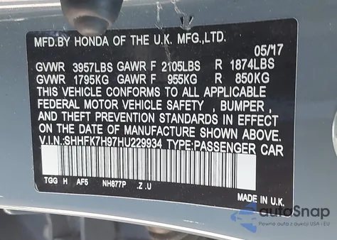 2017 Honda Civic Sport Touring из США, поврежденный, VIN SHHFK7H97HU229934